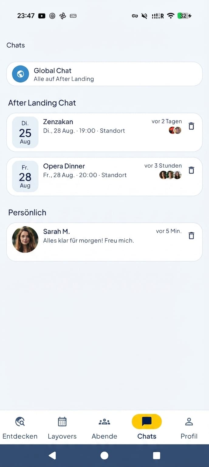 Chatliste mit Global Chat, Abend-Gruppen und Direktnachricht