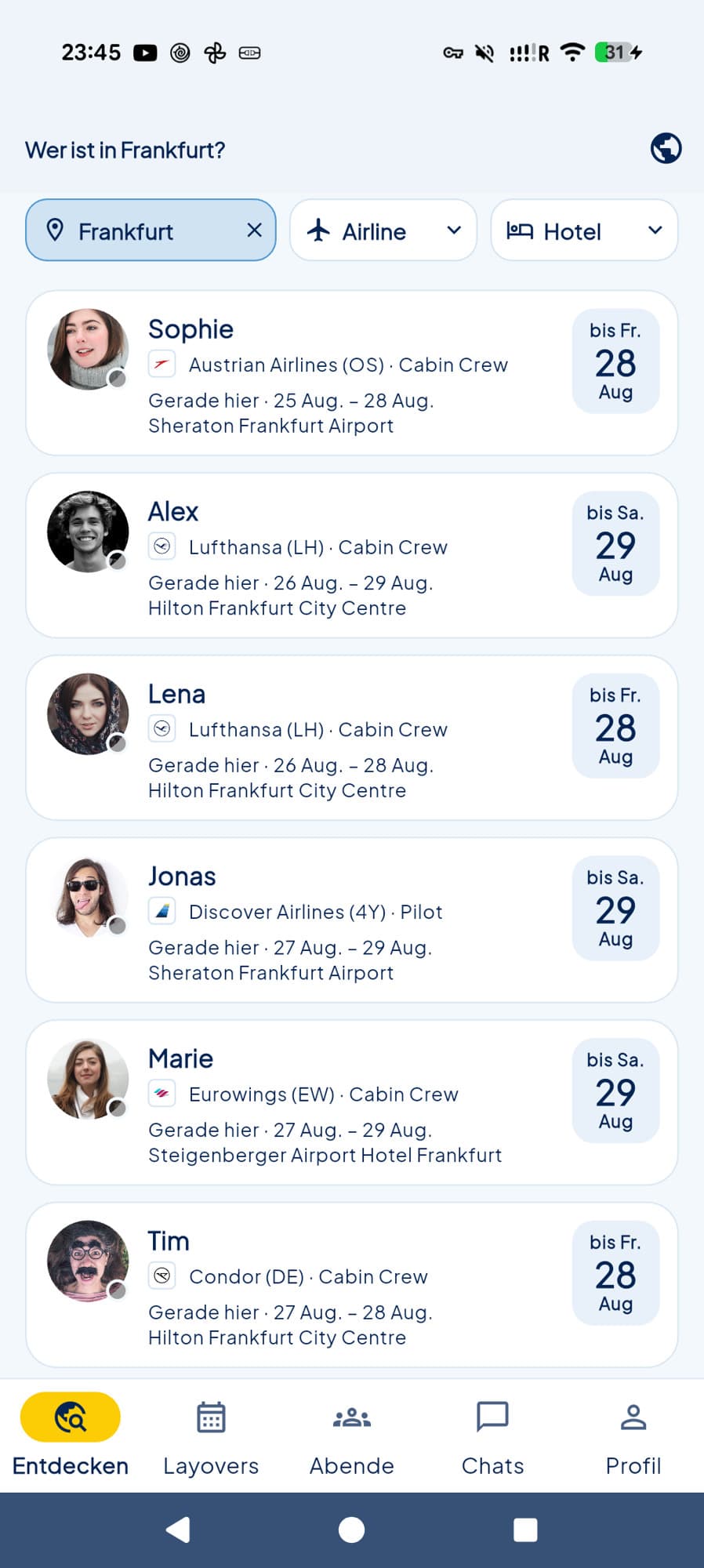 Discover: Crew in Frankfurt, Filter für Stadt, Airline und Hotel