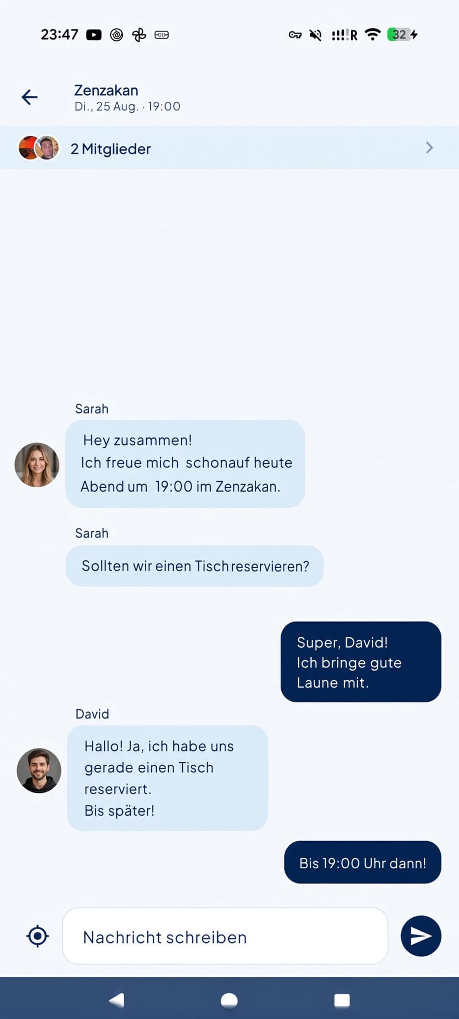 Chatliste mit Global Chat, Abend-Gruppen und Direktnachricht