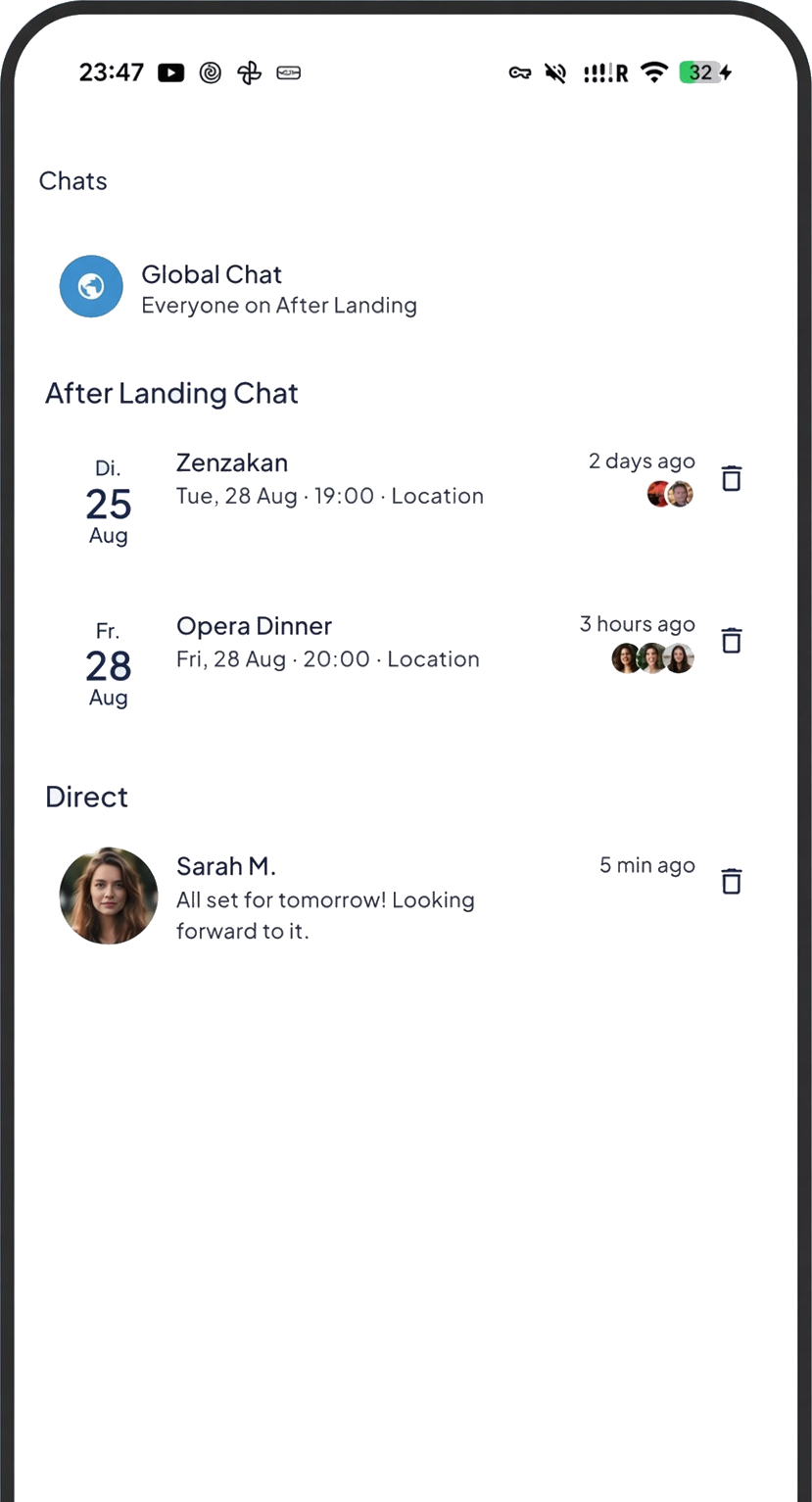Chat list with Global Chat, evening groups and a direct message