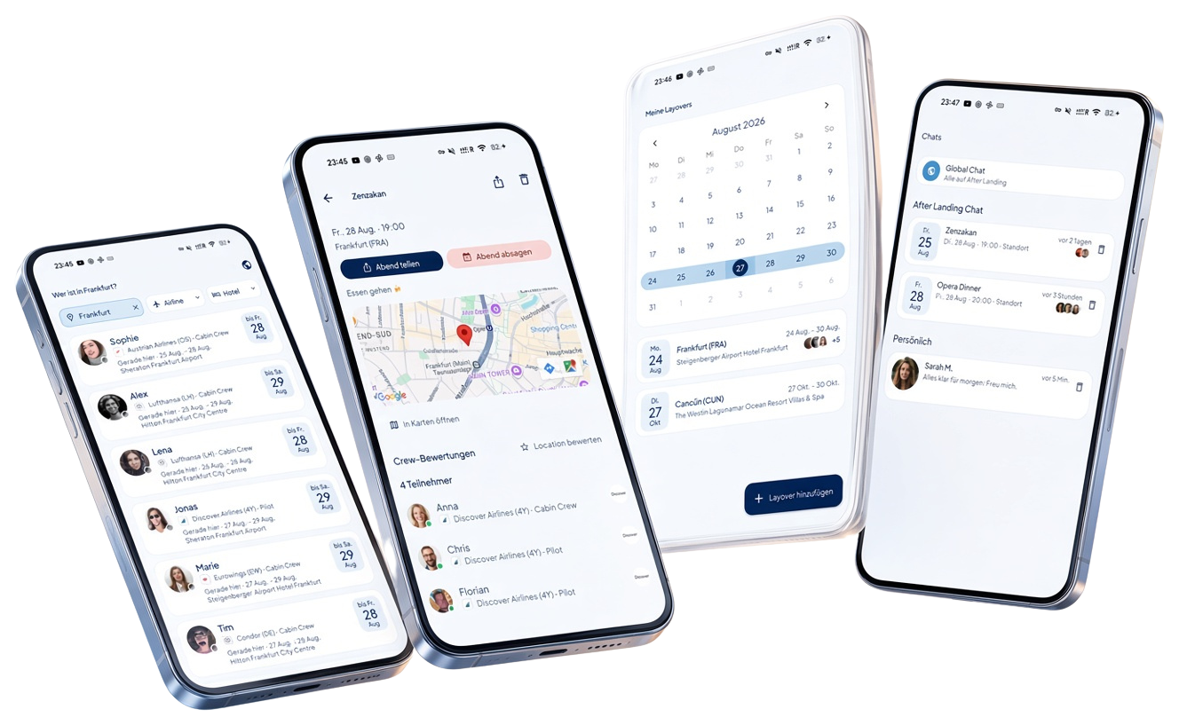 After Landing auf vier iPhones: vor Ort, Abend, Kalender und Chats